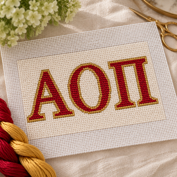 Alpha Omicron Pi needlepoint canvas with ΑΟΠ letters and cardinal red rose motif over cardinal red and white stripes