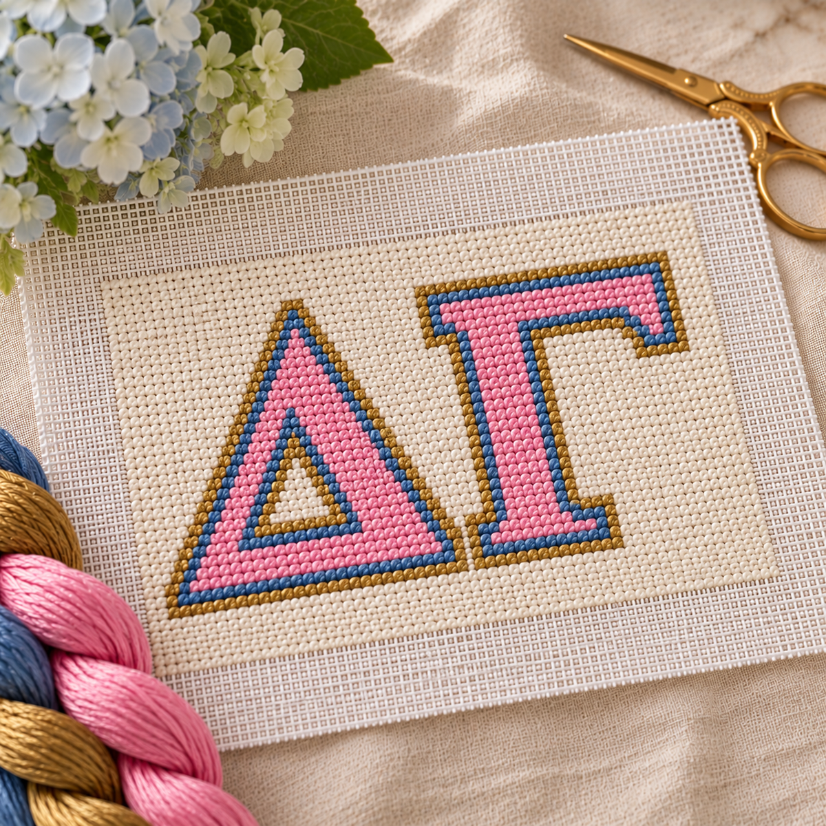 Delta Gamma needlepoint canvas with ΔΓ letters and bronze anchor motif over bronze, pink, and blue stripes