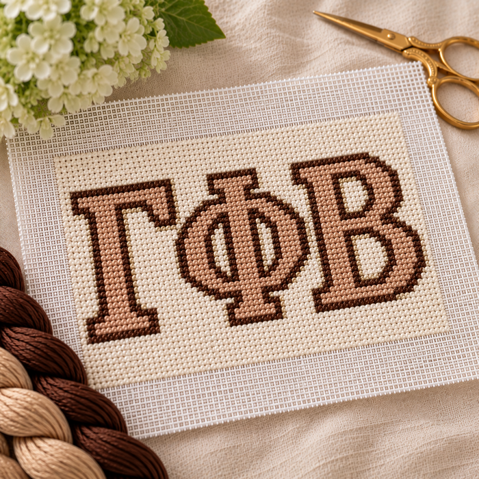 Gamma Phi Beta needlepoint canvas with ΓΦΒ letters and gold crescent moon motif over blush pink and white stripes