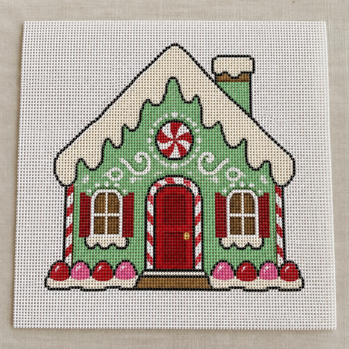 Gingerbread House needlepoint canvas with frosted roof and candy trim holiday scene