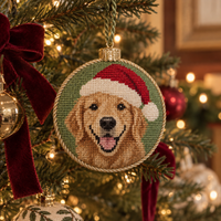 Golden Retriever Santa needlepoint canvas styled as a finished Christmas ornament