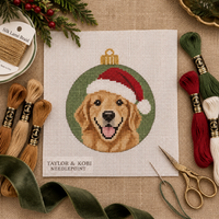 Golden Retriever Santa needlepoint canvas close-up of hand-painted fur detail