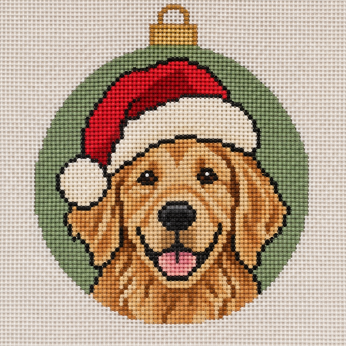 Golden Retriever Santa needlepoint canvas ornament with dog wearing a Santa hat