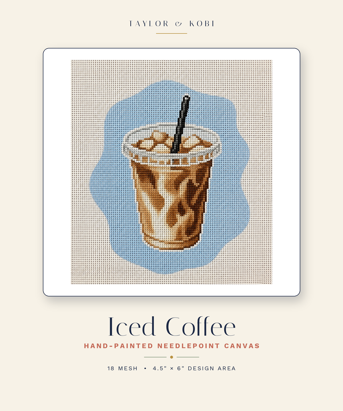 Iced coffee needlepoint canvas, hand-painted 18ct coffee lover gift