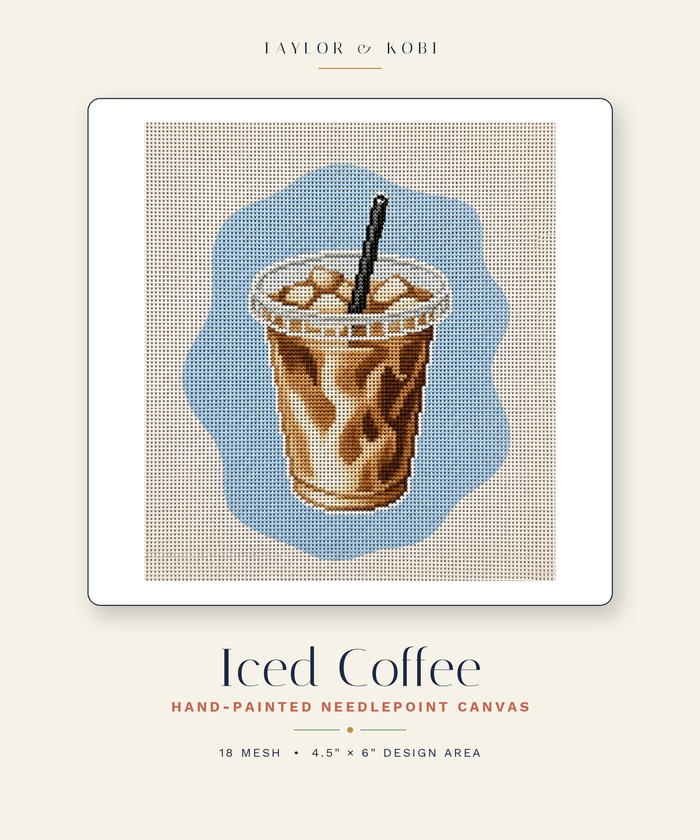 Iced coffee needlepoint canvas, hand-painted 18ct coffee lover gift