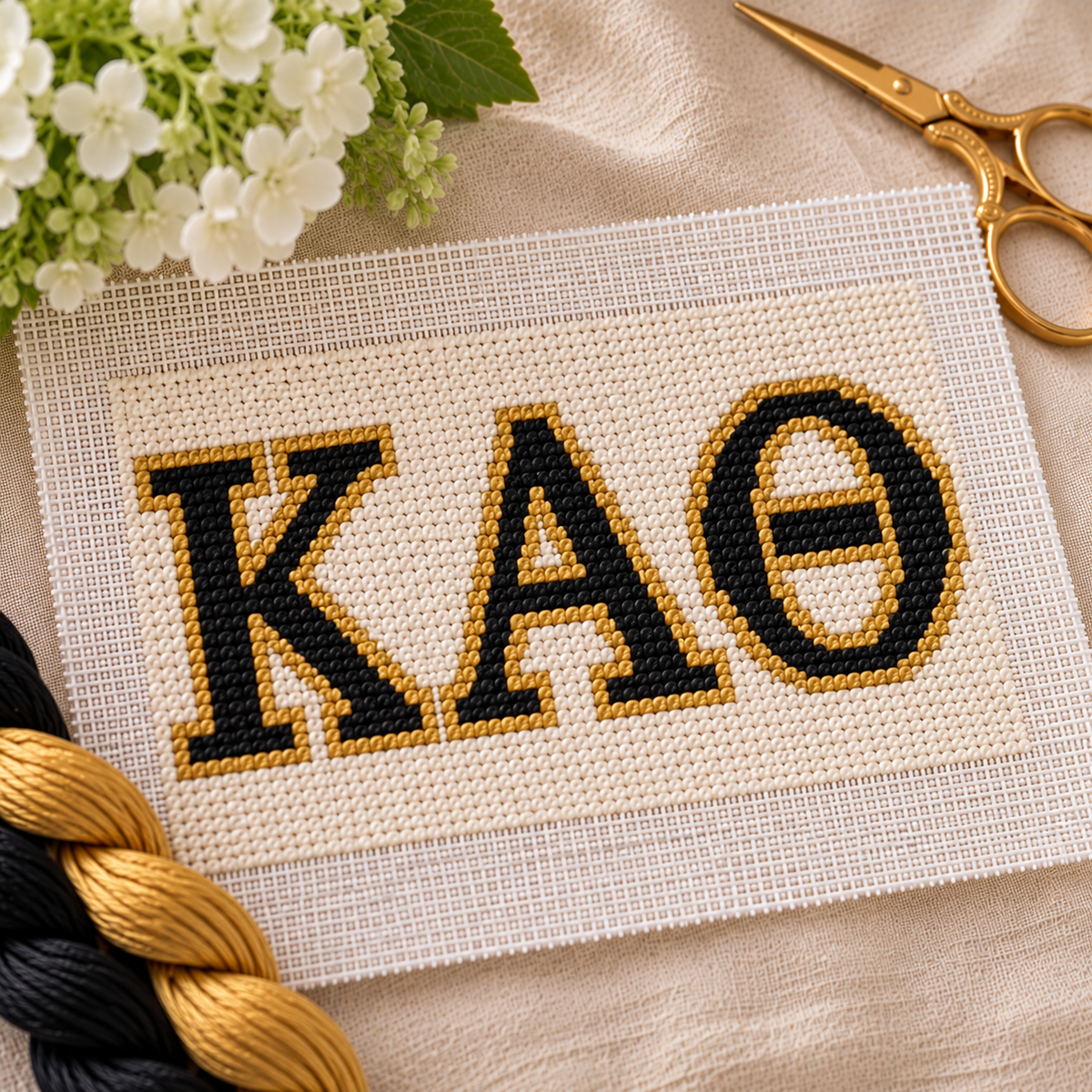 Kappa Alpha Theta needlepoint canvas with ΚΑΘ letters and gold kite motif over black and gold stripes