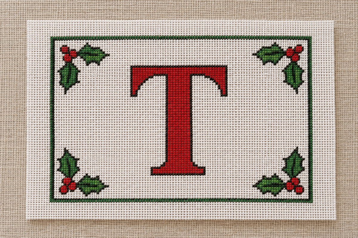 Monogram Stocking Topper needlepoint canvas with holly and berry frame