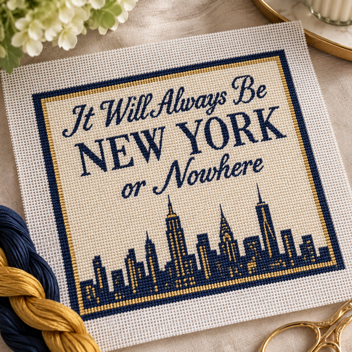 "It Will Always Be New York or Nowhere" needlepoint canvas in navy, orange, beige, and white