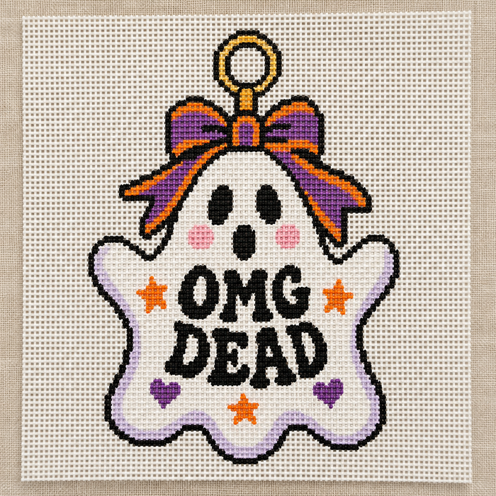 OMG Dead ghost needlepoint canvas, hand-painted Halloween bag charm