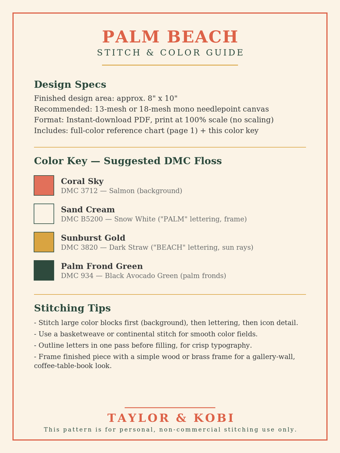 Palm Beach needlepoint pattern reference chart in coral, gold, and cream with sunburst and palm icon
