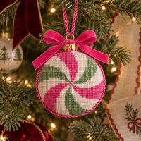 Peppermint Swirl needlepoint canvas close-up of hand-painted swirl detail