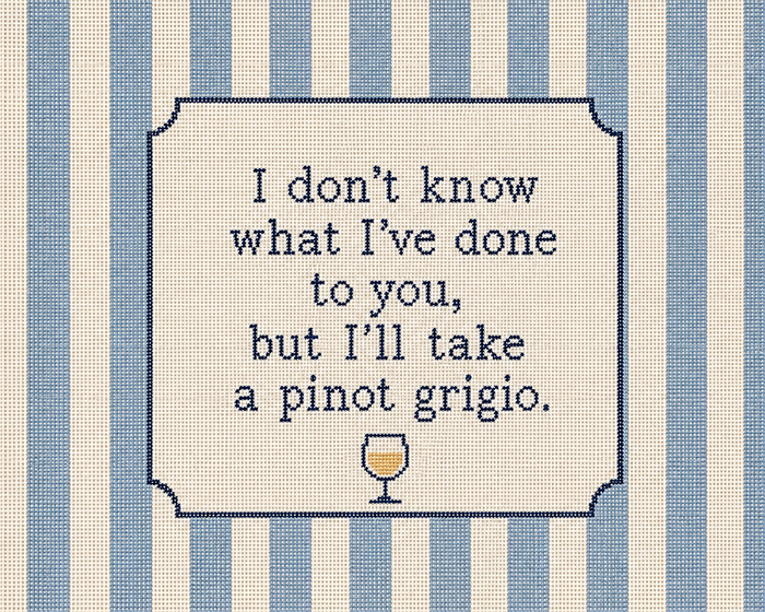 Pinot Grigio needlepoint canvas, funny wine quote on preppy stripes