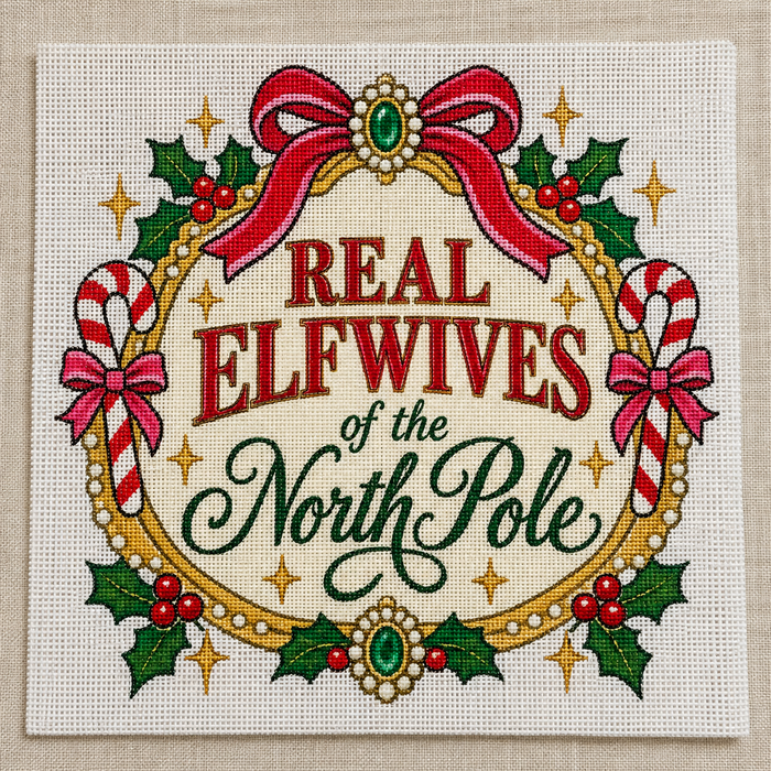 Real Elfwives of the North Pole needlepoint canvas, funny Christmas hostess gift