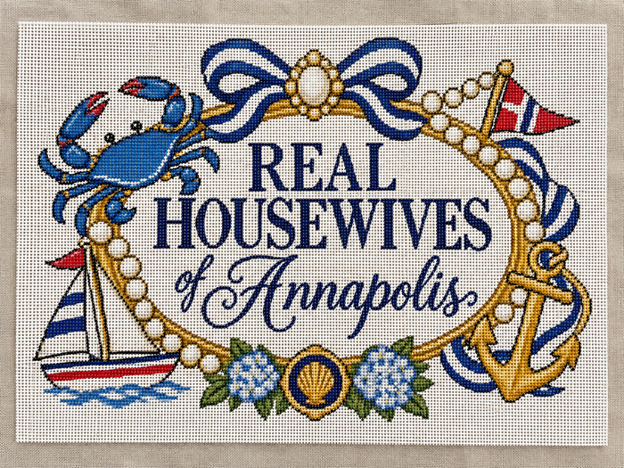 Real Housewives of Annapolis needlepoint canvas, funny Chesapeake crab hostess gift