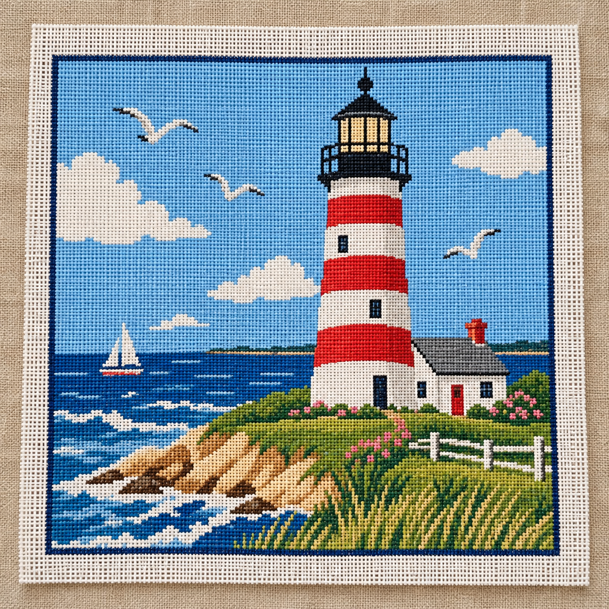 Sankaty Head Lighthouse needlepoint canvas kit, red and white striped Nantucket lighthouse