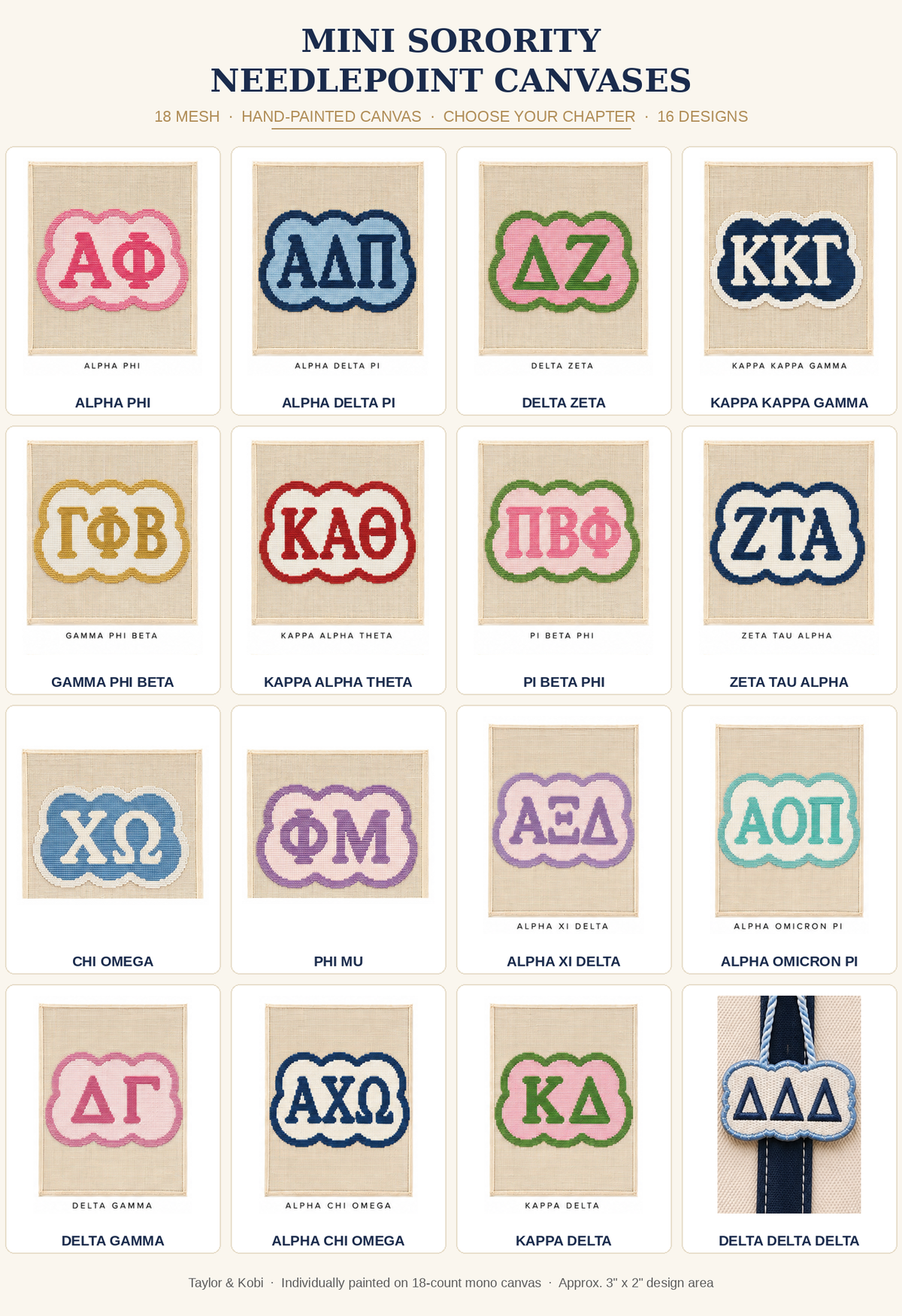 Mini sorority needlepoint canvases in 16 chapters, hand-painted bag charm gift