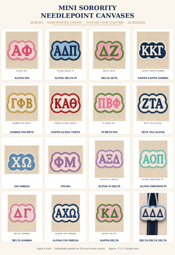 Mini sorority needlepoint canvases in 16 chapters, hand-painted bag charm gift