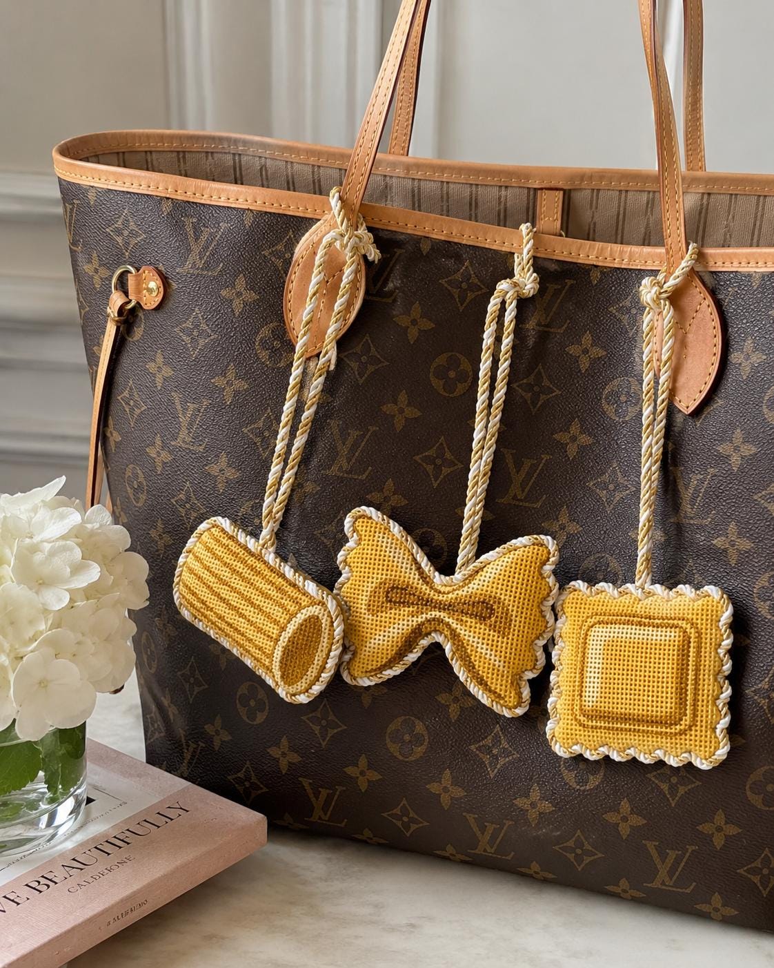 Pasta needlepoint canvas set, rigatoni bowtie ravioli