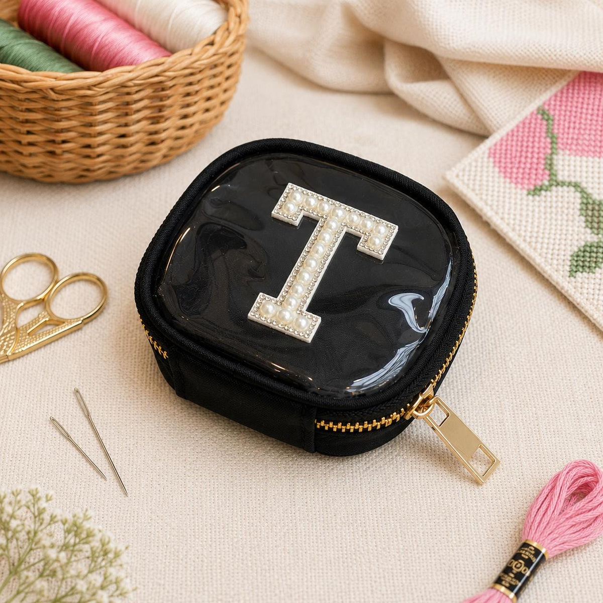 Personalized pearl initial needlepoint pouch