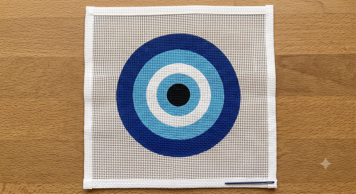 Evil eye Nazar needlepoint canvas, navy and sky blue