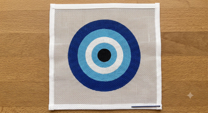 Evil eye Nazar needlepoint canvas, navy and sky blue