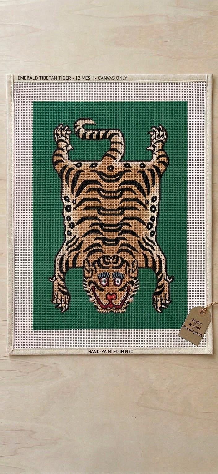 Emerald Tibetan tiger needlepoint canvas, hand-painted 13ct