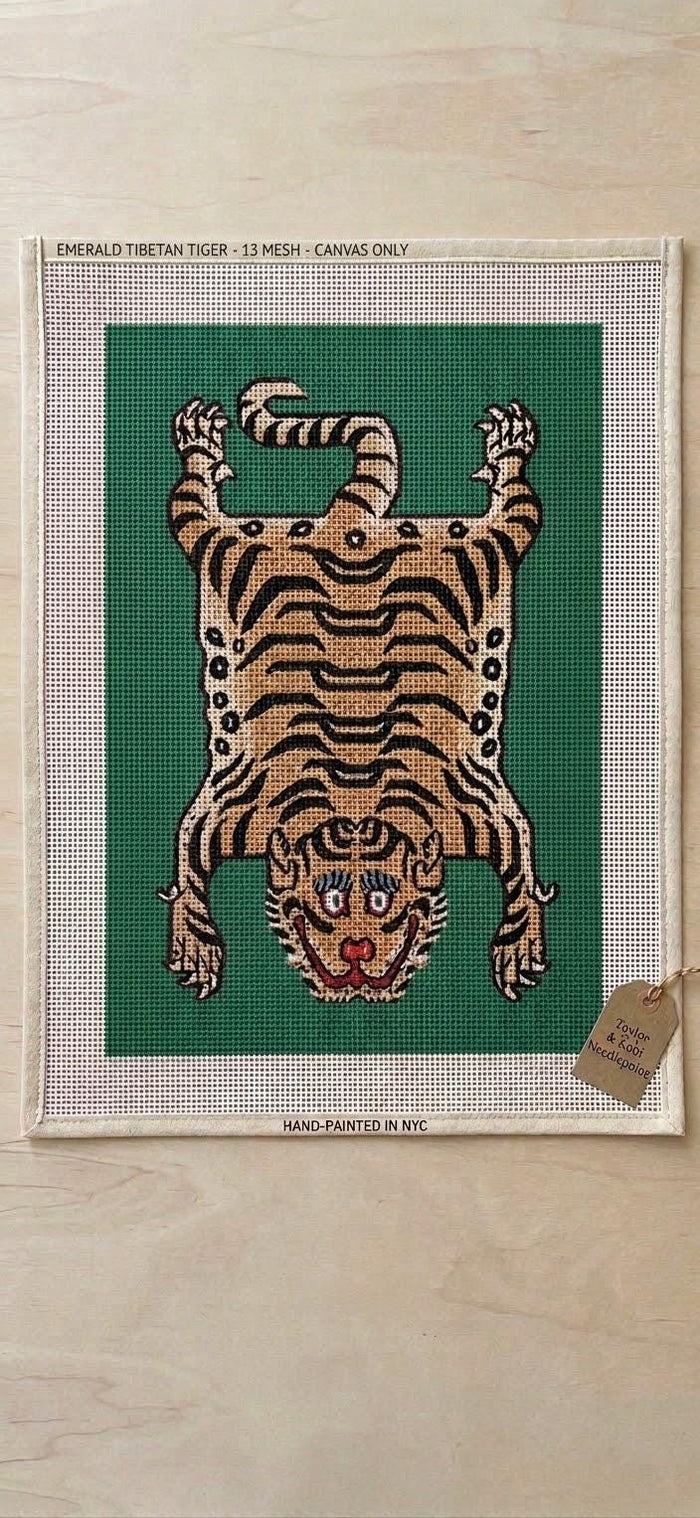 Emerald Tibetan tiger needlepoint canvas, hand-painted 13ct
